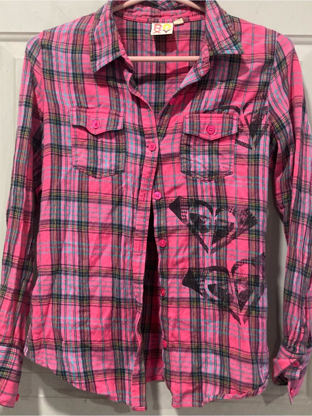 Roxy Pink Plaid Button-Down Shirt with Black Heart Graphics